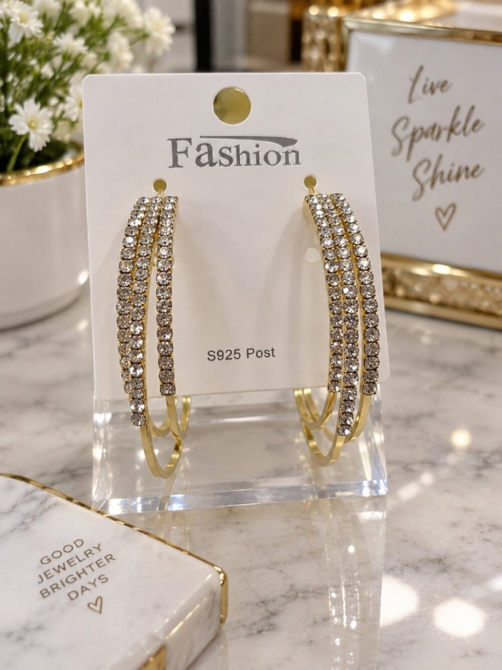 S925 Sterling Silver Gold Plated Double Hoop Rhinestone Earrings